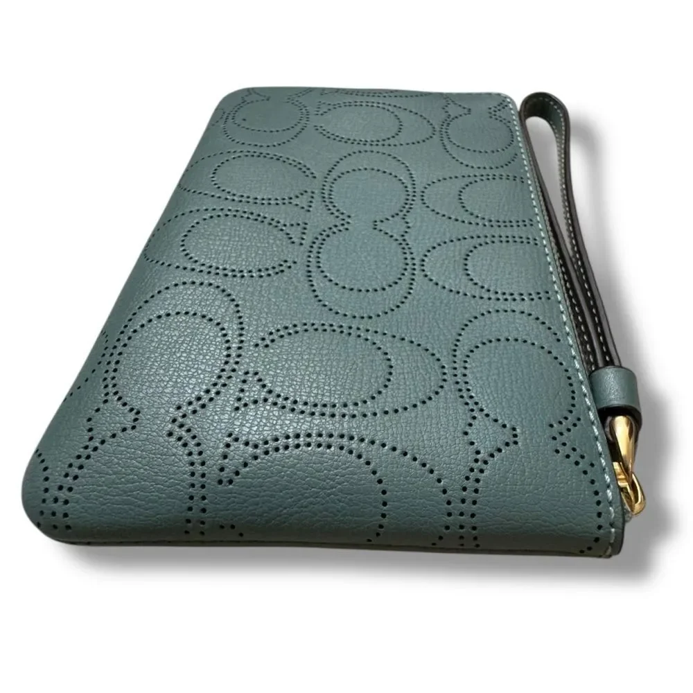 Coach Corner Zip Wristlet Seafoam Perforated Leather